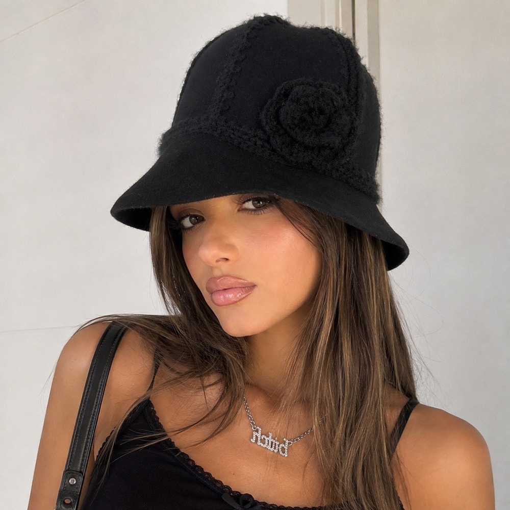 Vintage Y2K Cloche Bucket Hat Black Wool Crochet Flower Trim Winter Boho Retro